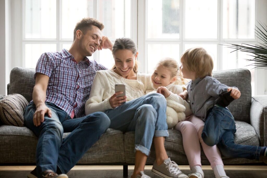 happy family on phone